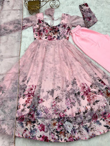 Organza silk floral anarkali in baby pink