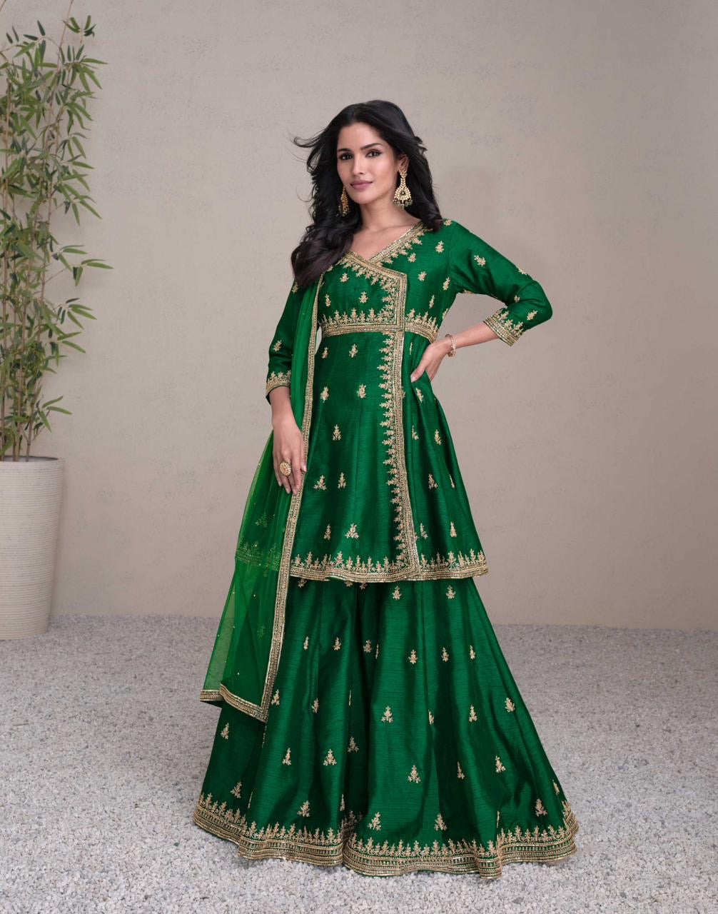Janisha - green flared trousers readymade set