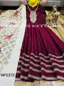 Niks collection - wine silk anarkali with floral dupatta (plus sizes too)