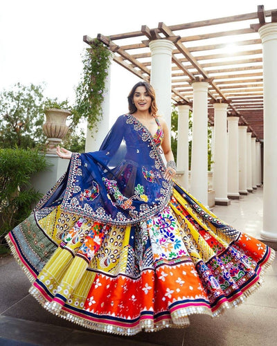 Bright abstract muslin cotton mirror work chaniya choli