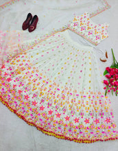 White Lehenga with multi coloured thread work