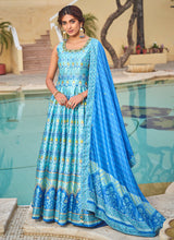 Blue embroidery and printed Dola silk gown