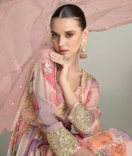 Ahana - Pale pink floral chinon mirror work anarkali