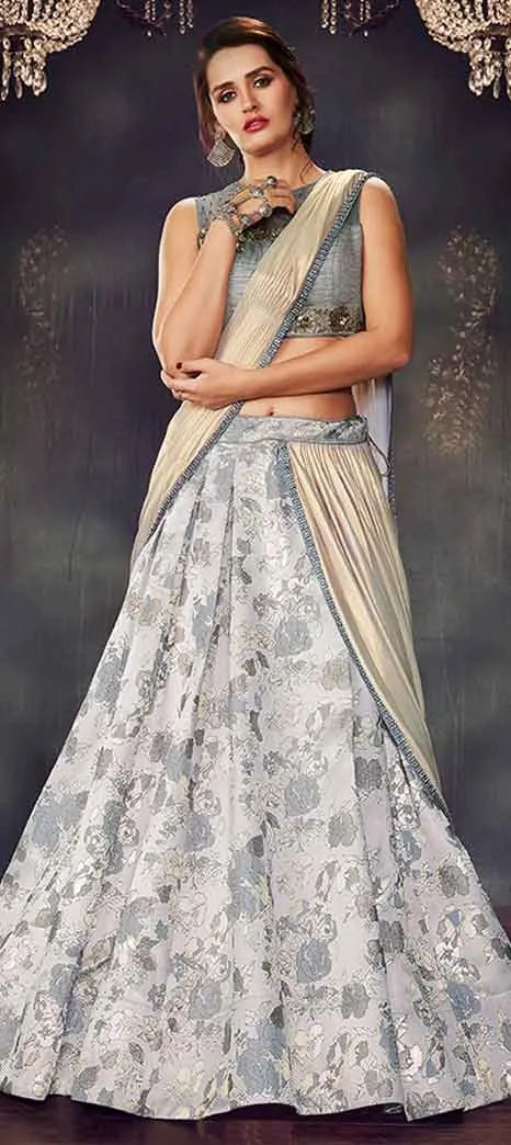 Grey partywear brocade Lehenga saree