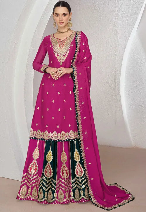 Embroidered chinon silk Lehenga in pink (long top)
