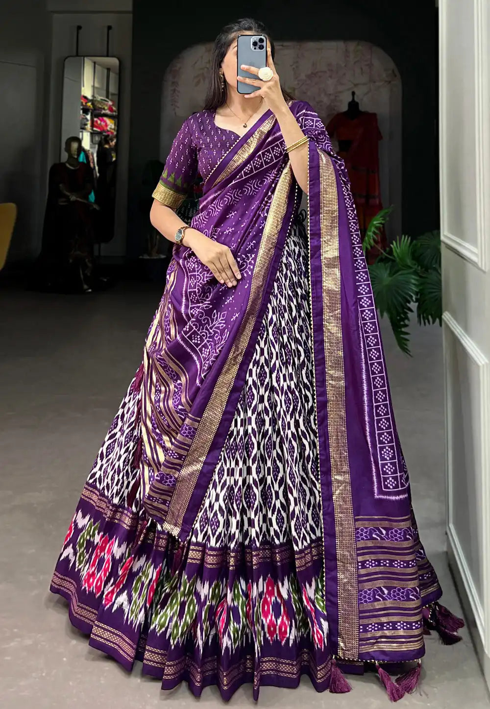 Tussar silk ikkat print Lehenga in purple (skirt stitched)