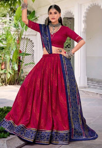 Tussar silk bandhej print Lehenga in magenta (skirt stitched)
