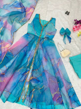 Abstract front slit with pants anarkali in blue - readymade