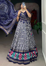 Tussar silk ikkat print Lehenga in navy blue (skirt stitched)