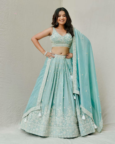 Roman silk pastel green Lehenga