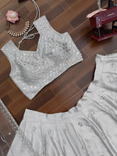 Silver satin silk thread work sequins Lehenga