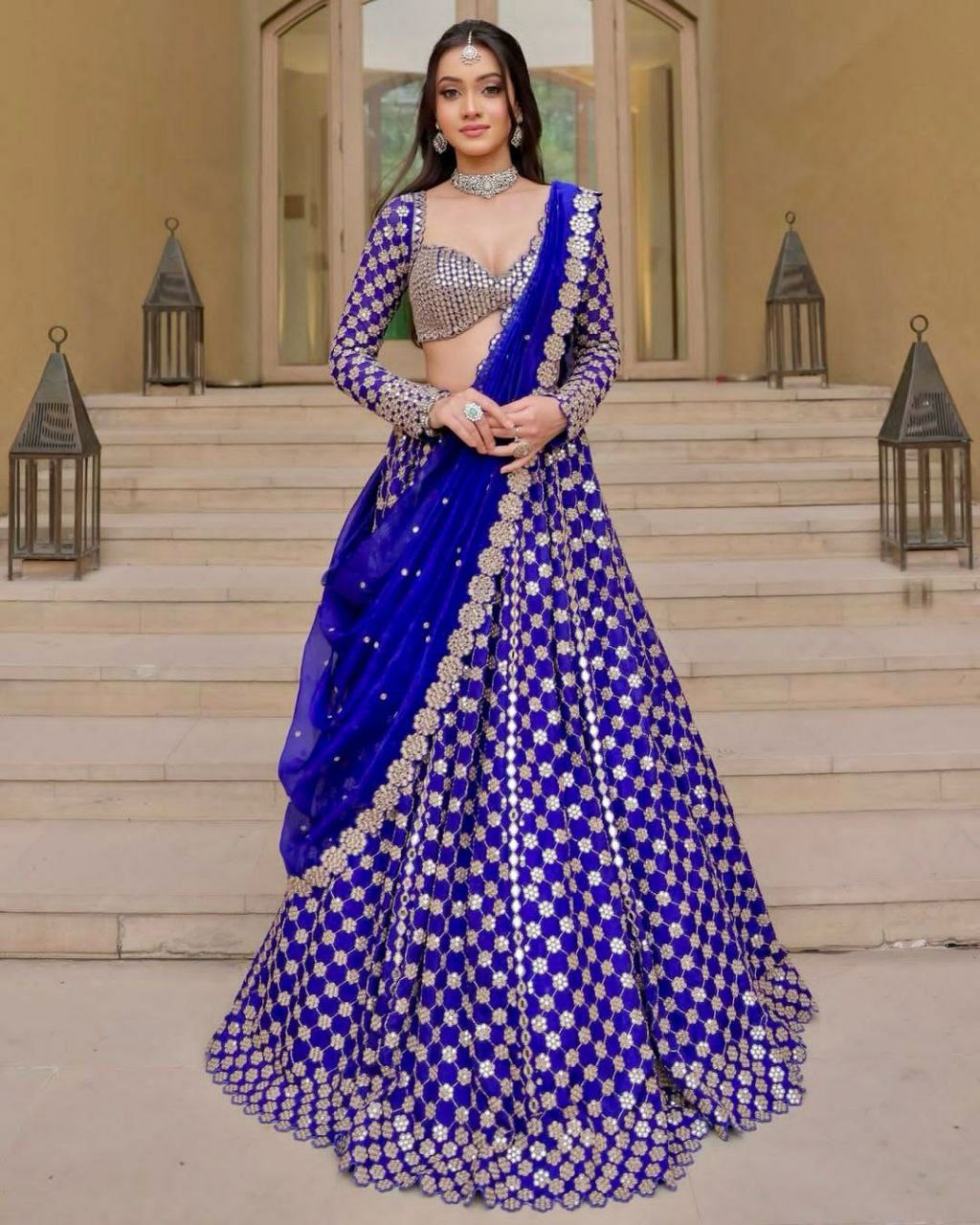 Royal blue foil mirror work Lehenga