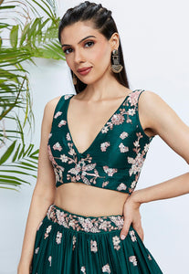 Green floral embroidered Lehenga with floral dupatta