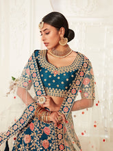 Blue silk with coral and pink floral Lehenga