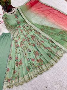 Mint green and red toned florals readymade anarkali