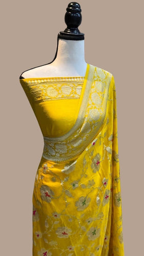 Classic traditional khadi yellow silk saree with pop of florals