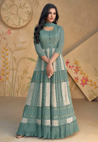 Janisha -  georgette reception pleated anarkali in sea green