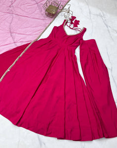 Roman chanderi silk anarkali set in Rani pink (sleeves available)