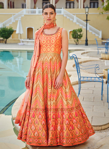 Orange embroidery and printed Dola silk gown