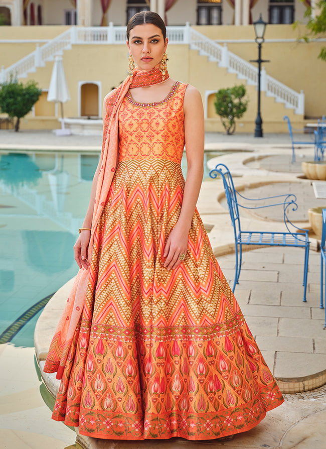 Orange embroidery and printed Dola silk gown