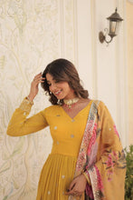 Georgette yellow gown with floral dupatta