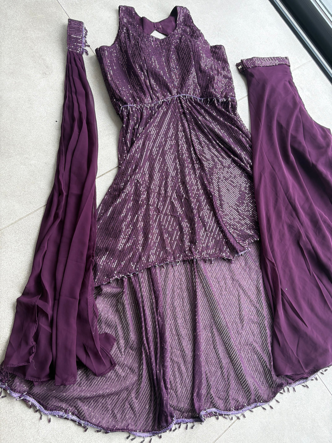 Plum high low anarkali set with palazzos