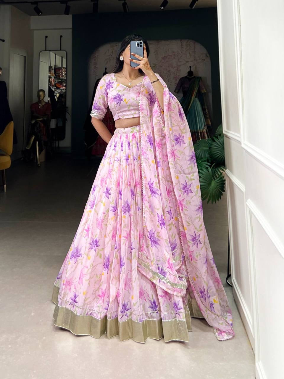 Purple floral silk Lehenga (skirt stitched)