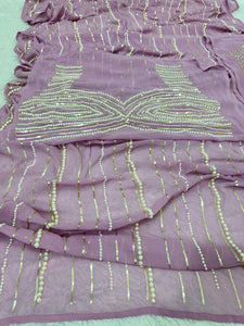 Light purple pearl hand work saree