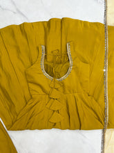 Roman chanderi silk anarkali set in yellow (sleeves available)