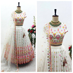 White Lehenga with multi coloured thread work (UK 6-10)