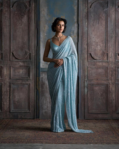 Sky blue sequinned saree
