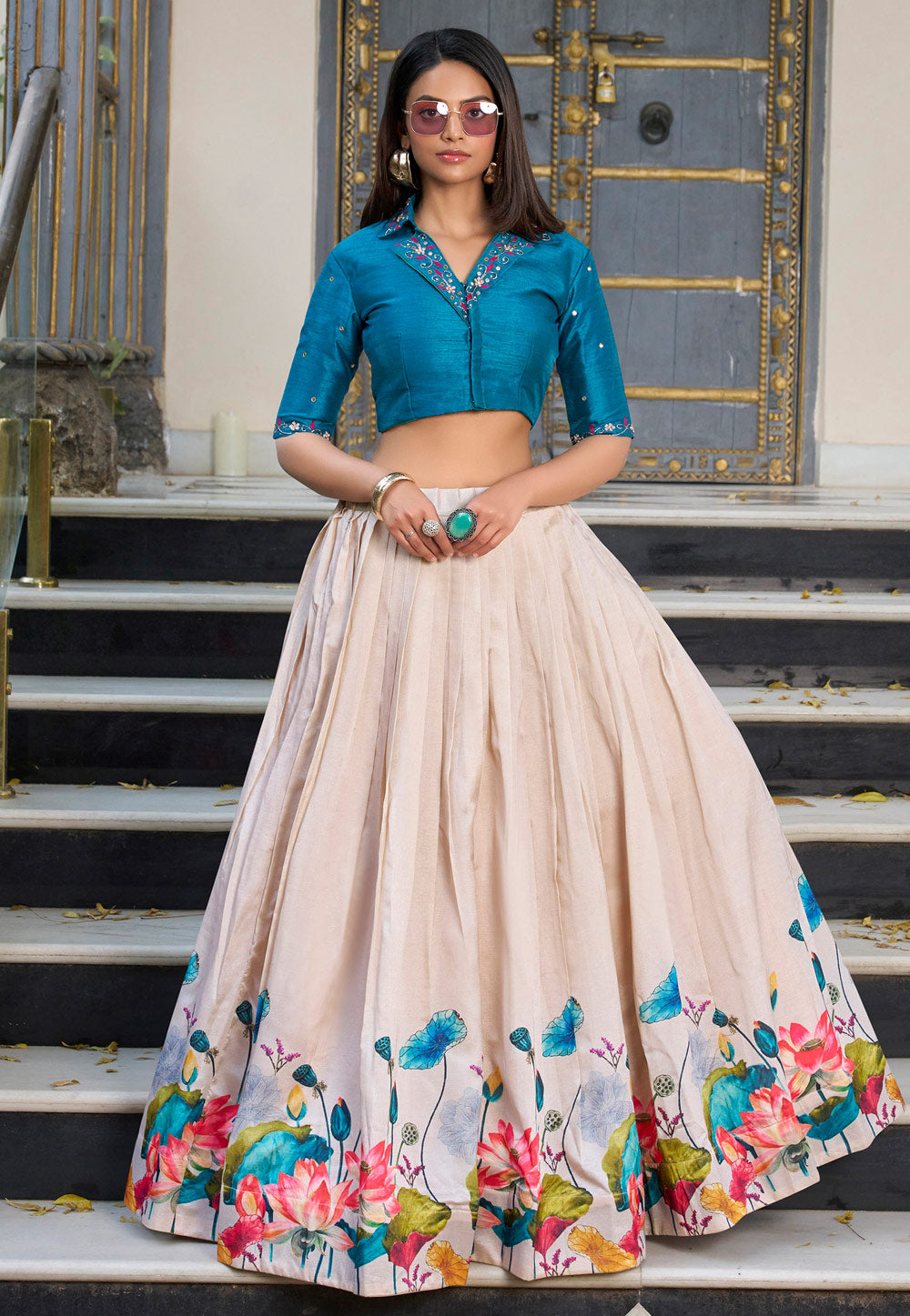 Indo western shirt style readymade Lehenga (teal and stone) (perfect also for breastfeeding mums)