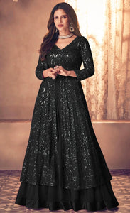 Black with gold sequins embroidery long slit top and skirt