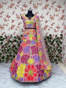 Multicoloured floral embroidered Lehenga