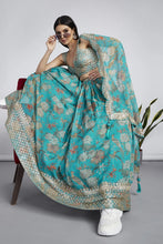 Sea green organza digital printed lehenga
