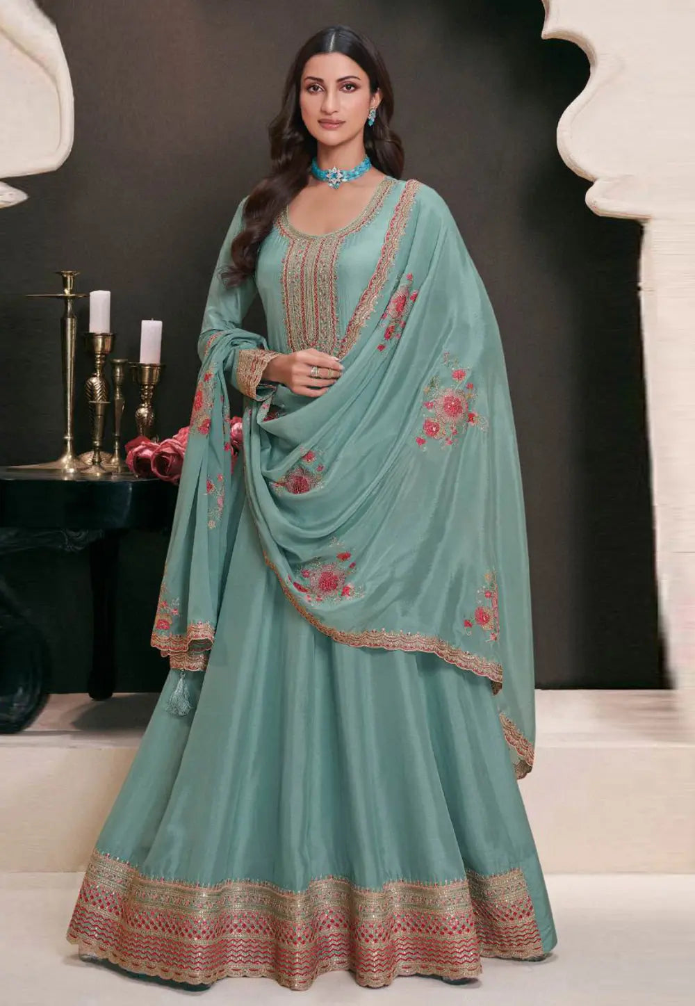 Prachi Desai sea green silk anarkali