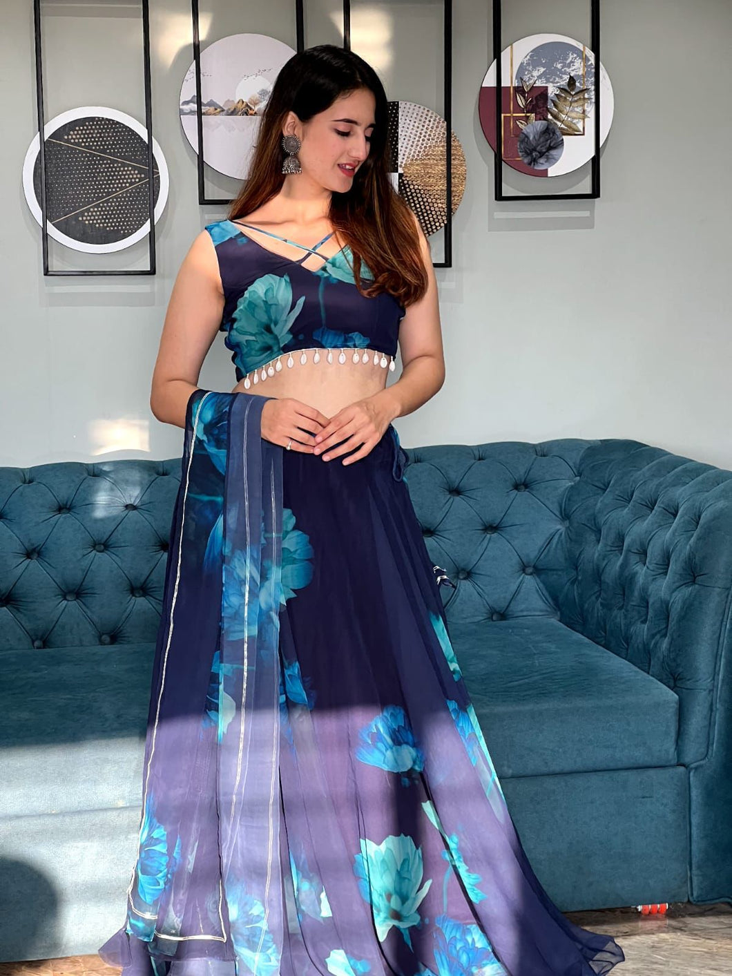 Teal blue and dark blue floral readymade Lehenga