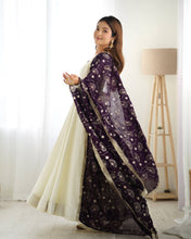 Silk off white gown with dark purple lace dupatta