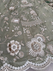 Pista Green Embroidered tissue fabric Lehenga
