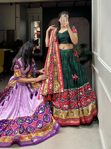 Tussar silk lehengas with bandhej and patola print (skirt stitched) - lavender