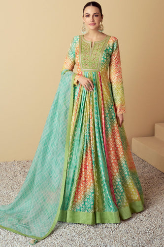Multicoloured embroidered green muslin anarkali