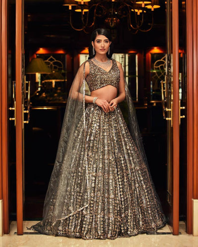 Exquisite grey gold satin partywear Lehenga