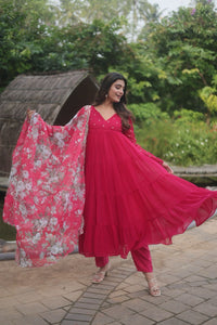 Alia cut readymade 4 layer salwaar kameez in rani/black and wine