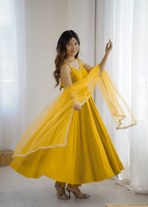 Roman chanderi silk anarkali set in yellow (sleeves available)