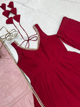 Roman chanderi silk anarkali set in maroon (sleeves available)
