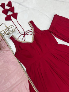 Roman chanderi silk anarkali set in maroon (sleeves available)