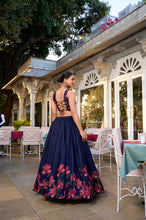 Tussar silk navy blue floral print Lehenga (skirt stitched)