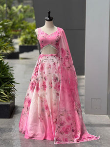 Baby pink organza silk digital readymade Lehenga