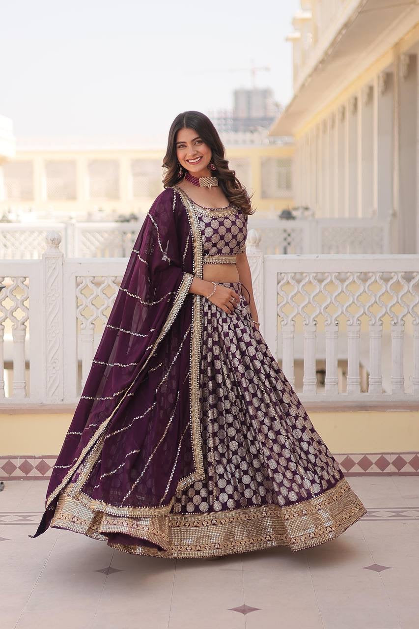 Partywear Lehenga - Wine viscose jacquard Lehenga