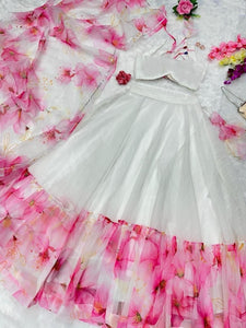 Organza silk white and pink readymade Lehenga